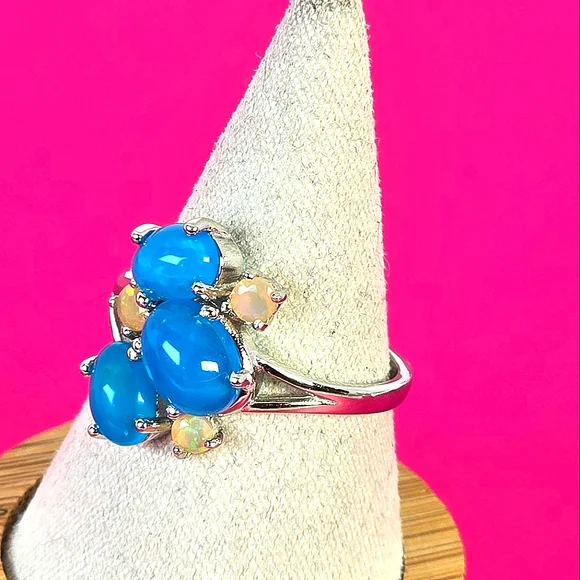 925 Sterling Silver Ring with Natural Oval Blue Opal 8x6mm & Fire Opal Gemstones - Picture 8 of 14
